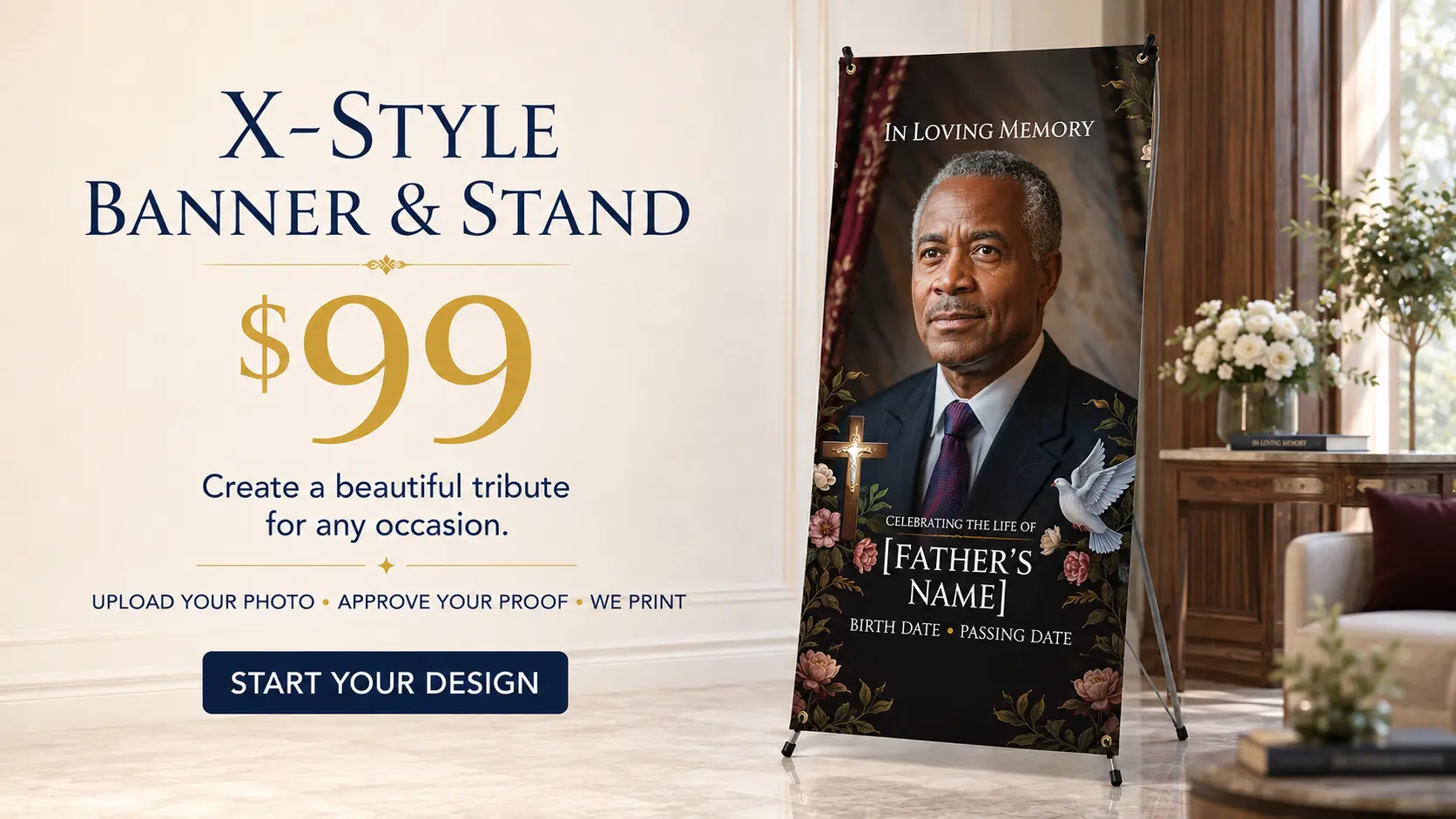 X-style banner and stand memorial tribute with cross and dove design
