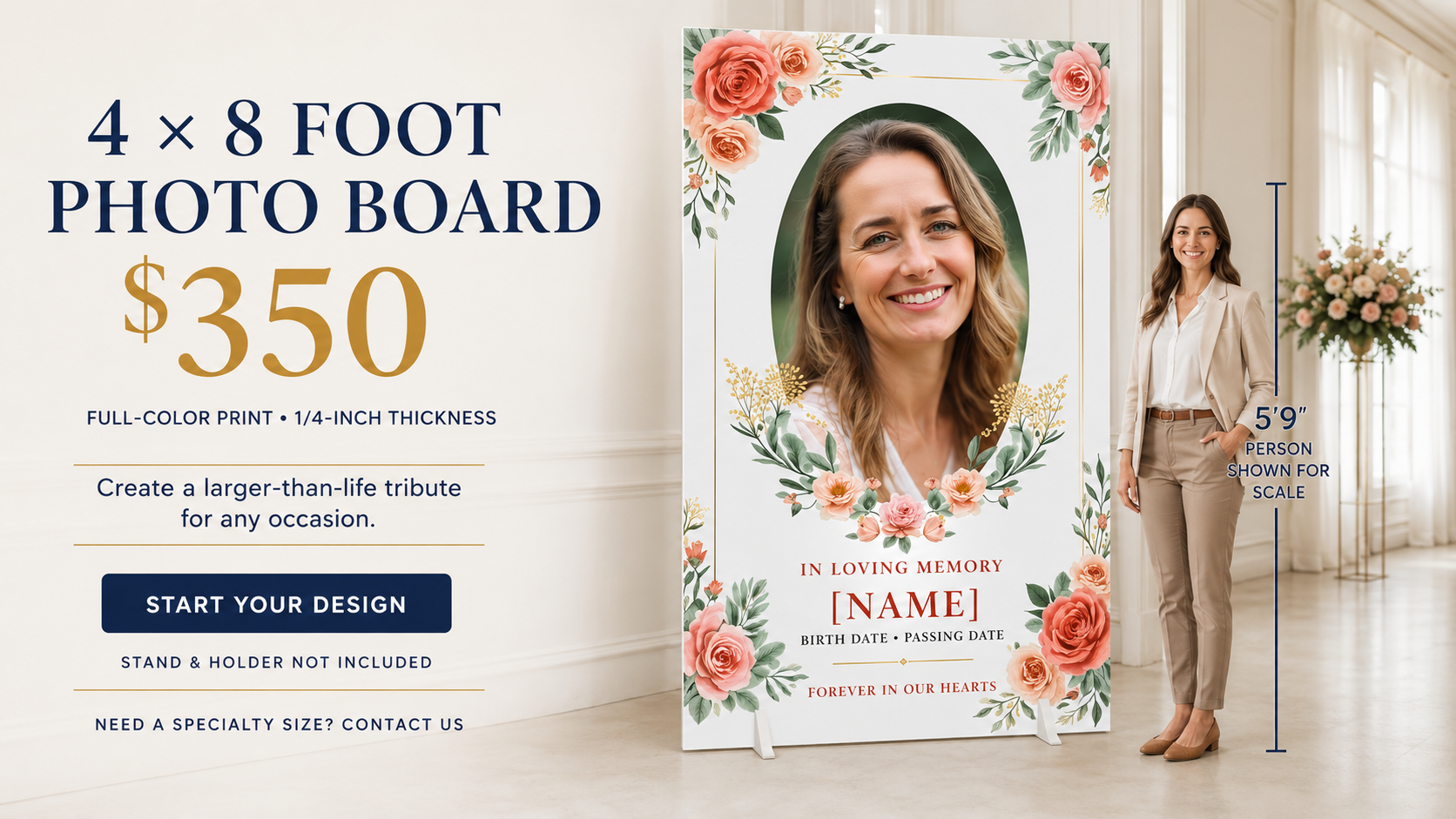 4' x 8' photo board memorial tribute with coral floral portrait design