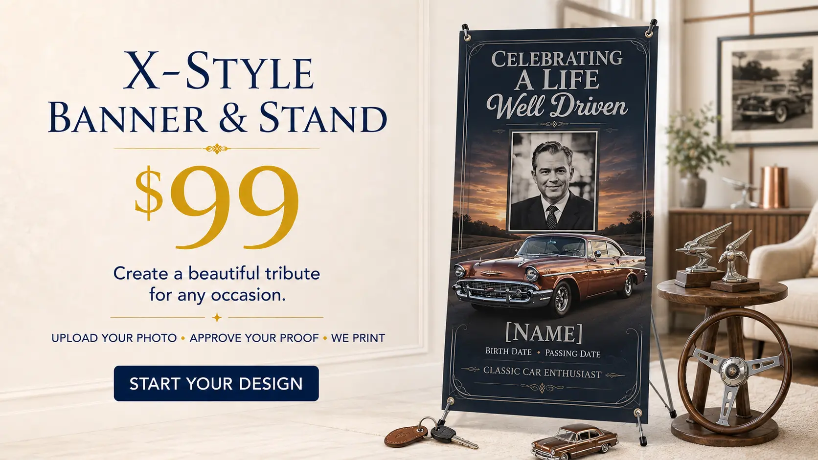 X-style banner and stand celebrating a classic car enthusiast