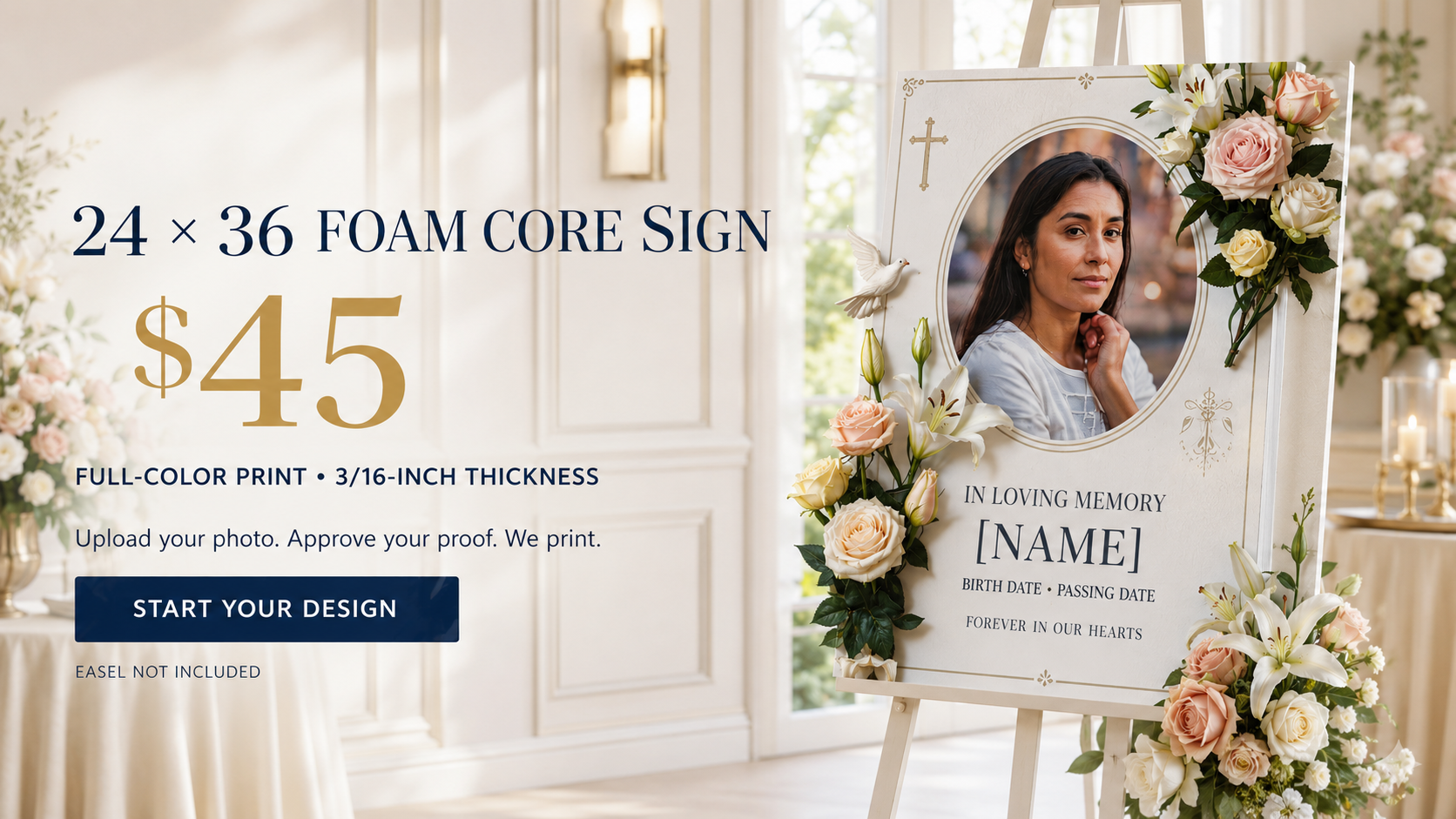 24" x 36" foam core memorial sign with floral portrait design