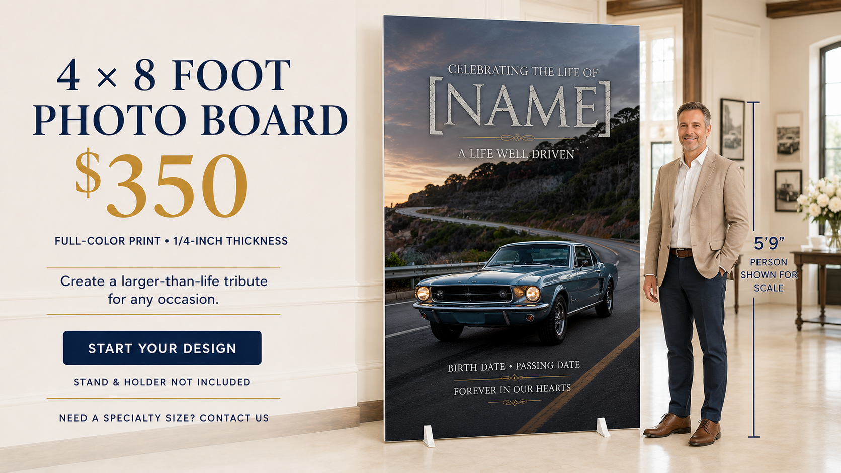4' x 8' photo board celebrating a classic car enthusiast at sunset