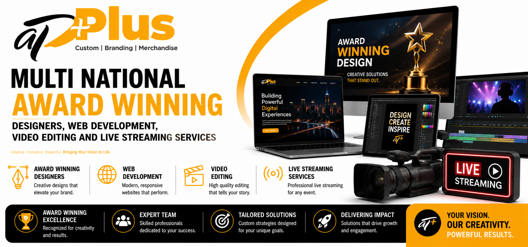 Award winning designers, web development, video editing and live streaming services