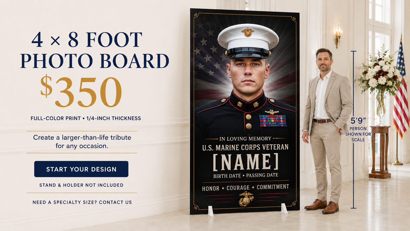 4' x 8' photo board honoring a U.S. Marine Corps veteran