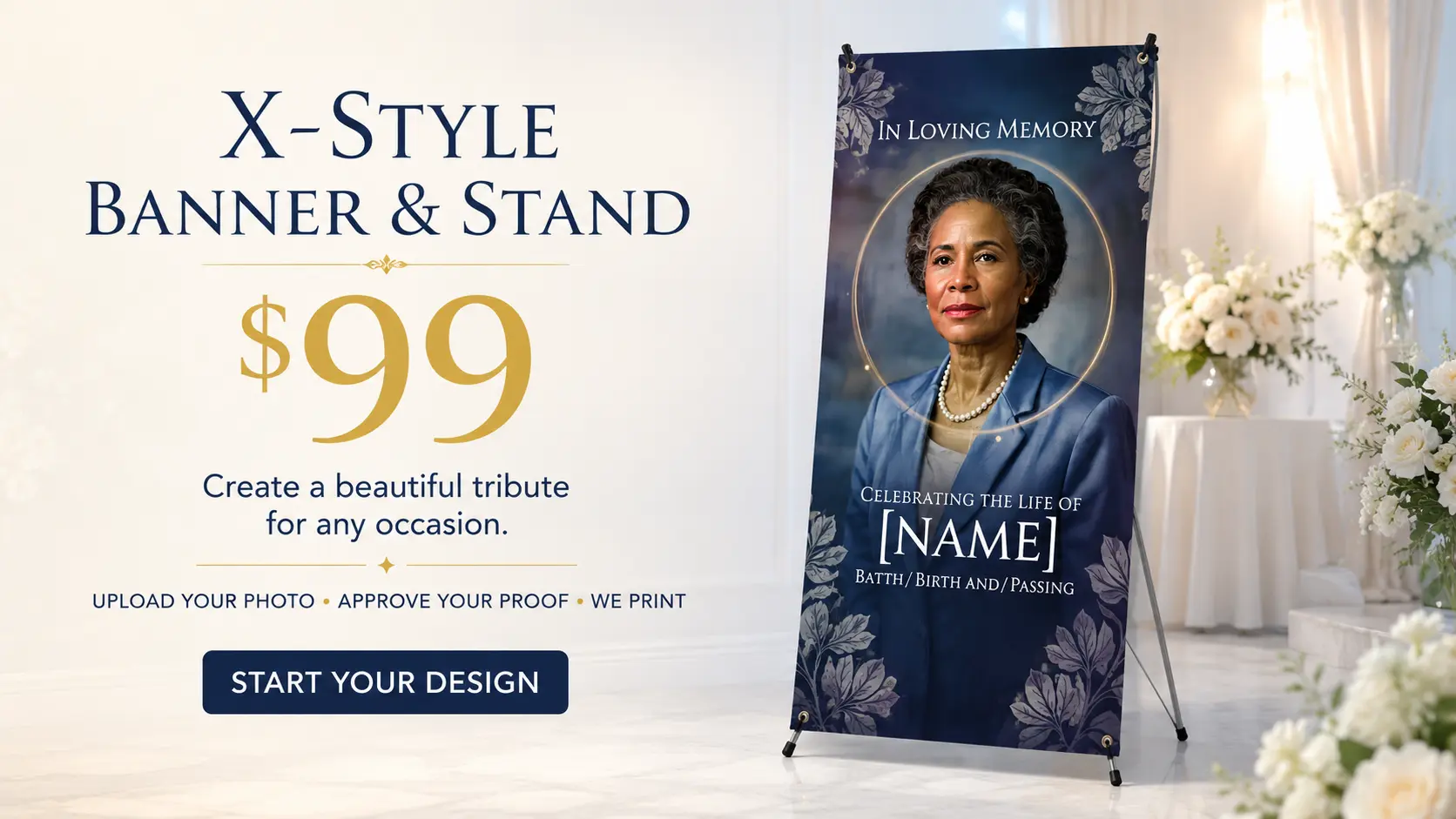 X-style banner and stand memorial tribute with navy floral portrait design