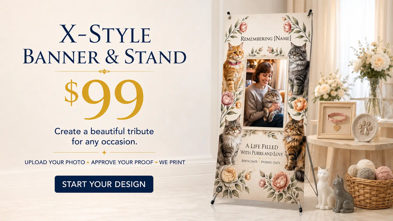 X-style banner and stand pet memorial with cats and floral design